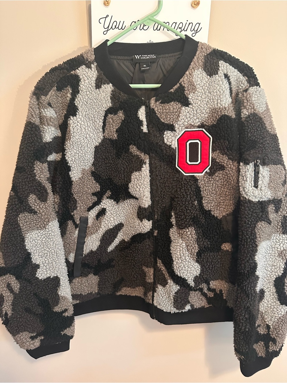 Women's Gray Camo Sherpa Bomber Jacket - Gray